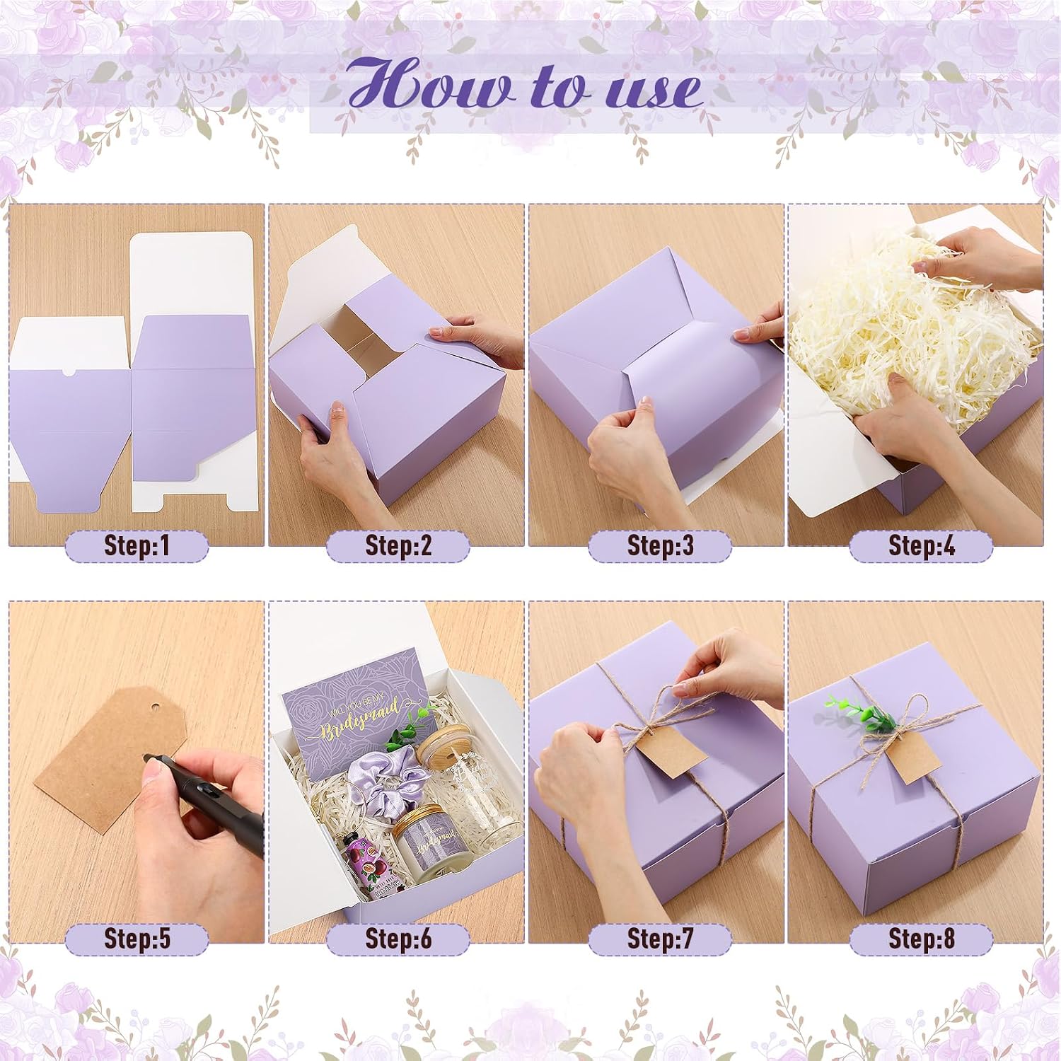 Teenyyou 60 Pcs Bridesmaid Proposal Gifts Bridesmaid Box Set, Maid of Honor Gifts Include Box Glass Cup Candle Cards Hair Ties Knotted Bracelets Hand Cream Diamond Pens (Purple)