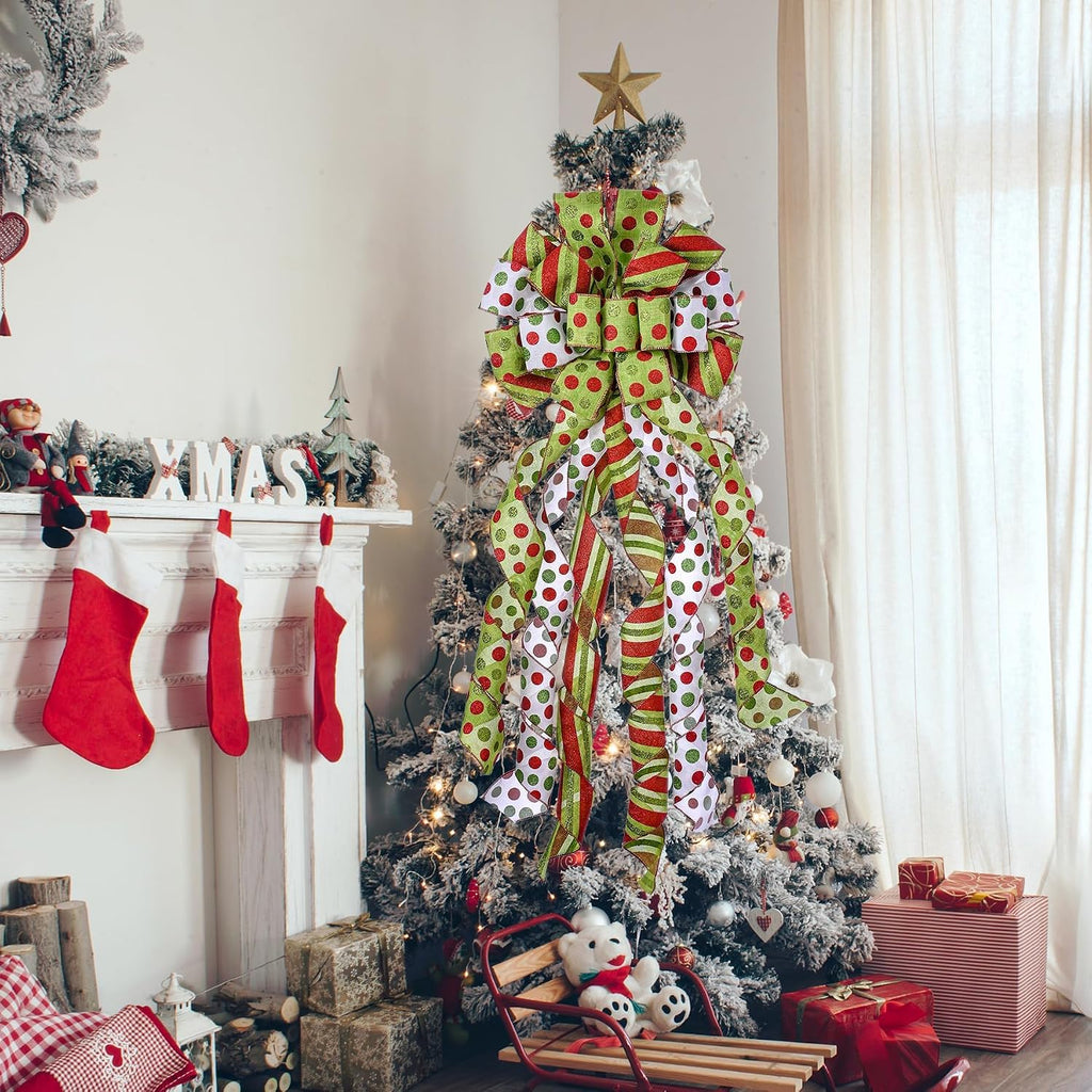 Christmas Tree Topper Wreath Bow Large Green Christmas Bow Tree Topper, Red Green Dot Polyester Gift Bows for Xmas Ornament Holiday Home Thanksgiving Indoor/Outdoor Decoration 45"x13"