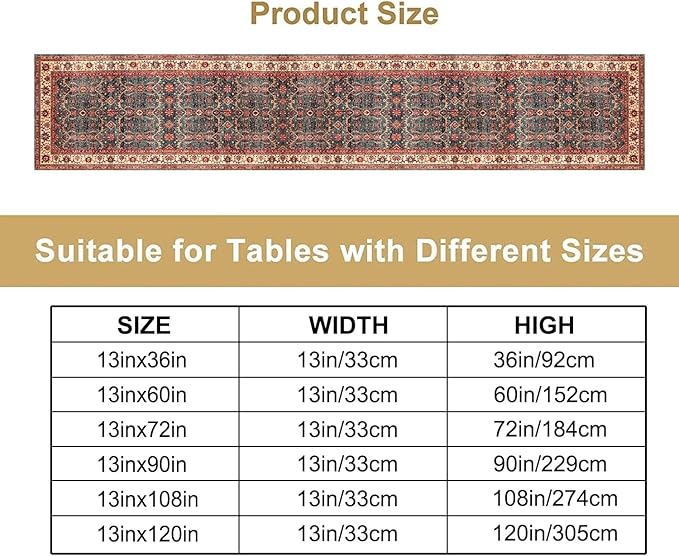 Vintage Boho Floral Table Runner, Rustic Country Farmhouse Red Teal Retro Flower Pattern for Home Kitchen Table Decor Dining Coffee Room Party Decor 13x90in