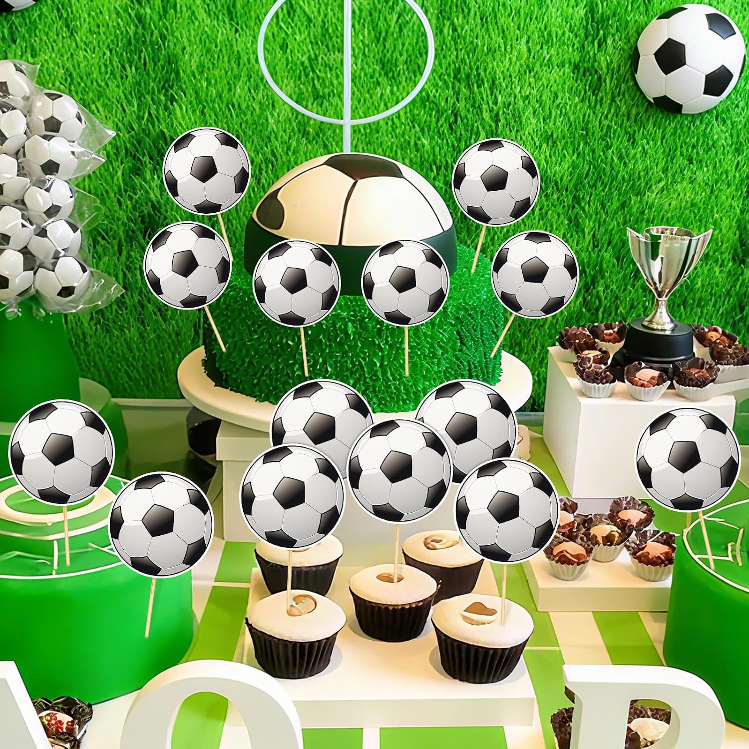 Hooqict 40Pcs Soccer Cupcake Toppers Soccer Ball Birthday Cake Topper Decorations Cupcake Picks for Kids Boys Men Sports Theme Birthday Party Decorations Game Day Party Supplies
