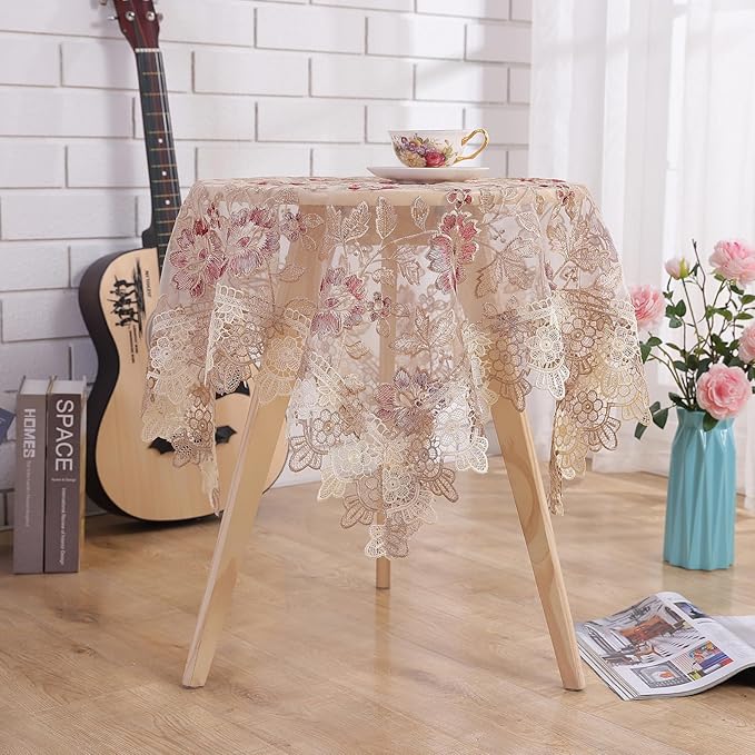 Round Embroidered Lace Tablecloth Vintage Decorative Exquisite Border Table Cover for Party Wedding Home Decorations, Round-60, Red
