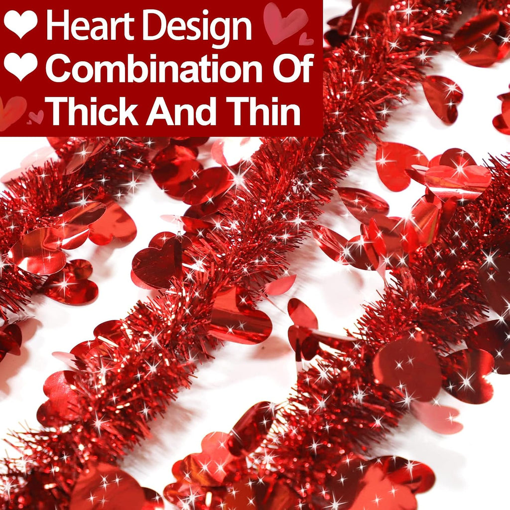 TURNMEON 49.2 Feet 6 Strings Valentines Heart Tinsel Garland Valentine Decor Twist Metallic Hanging Red Garland Valentines Tree Decoration Indoor Outdoor Wedding, Each 8.2Ft by 4.3 Inch