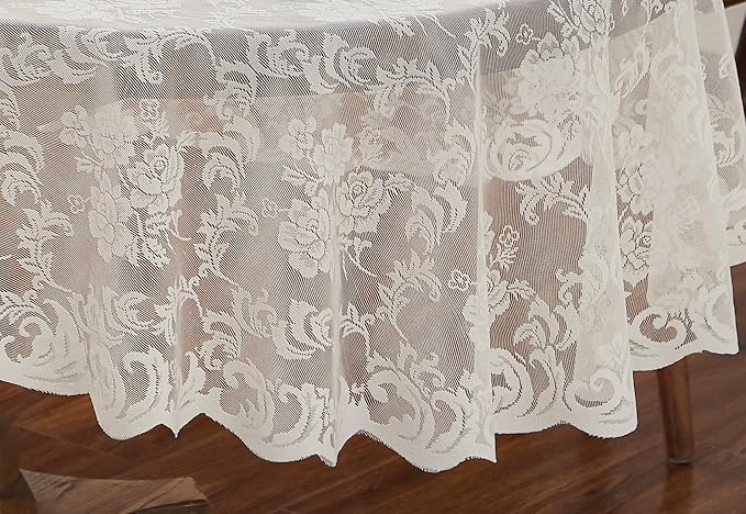 LinenZone Extra Large Ivory Round Tablecloth for Rustic Vintage Decor. Sheer Lace Table Cloth Works Great As Wedding Tablecloth or Thanksgiving Table Cover. (Mia 132 Round, Ivory)