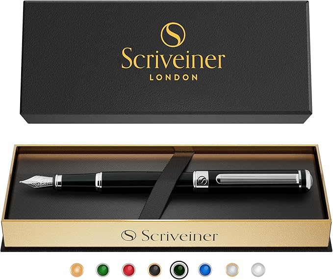 Scriveiner Black Green Fountain Pen - Stunning Luxury Pen with Chrome Finish, Schmidt Nib (Fine), Best Pen Gift Set for Men & Women, Professional, Executive, Office, Nice Pens