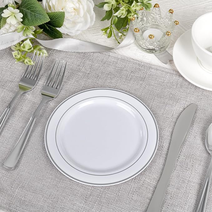 bUCLA 200PCS Silver Plastic Plates - 6.25inch White with Silver Trim Disposable Salad/Dessert/Appetizer/Small Cake Plates - Ideal for Wedding & Party