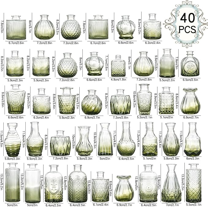 Bud Vases Set of 40 Pcs,Small Flower Vases for Centerpieces,Glass Bud Vase in Bulk,Vintage Bud Vase for Wedding Table Centerpieces Decoration, Home Table Party Decor, Christmas,Anniversary,Green