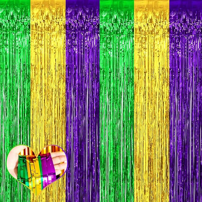 4 Pack 3.2Ft x 6.6Ft Mardi Gras Fringe Curtain Backdrop, Gold Green Purple Metallic Tinsel Foil Fringe Streamers Curtains Background for Photo Booth Birthday Wedding Carnival Party Decorations