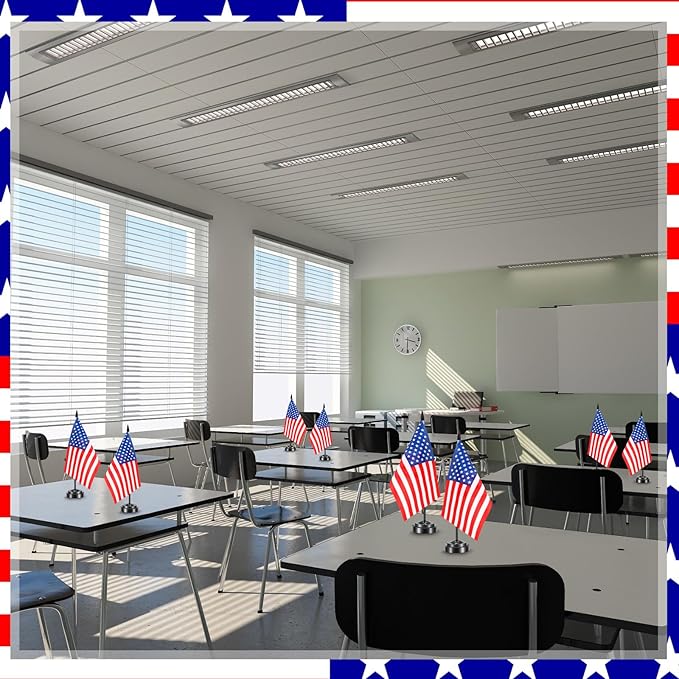 50 Pcs American Desk Flag Set Small USA Flags for Table with 13" Black Pole, Black Base and Spear Top, American Flag for Home Office Party Festival Celebrations Decor