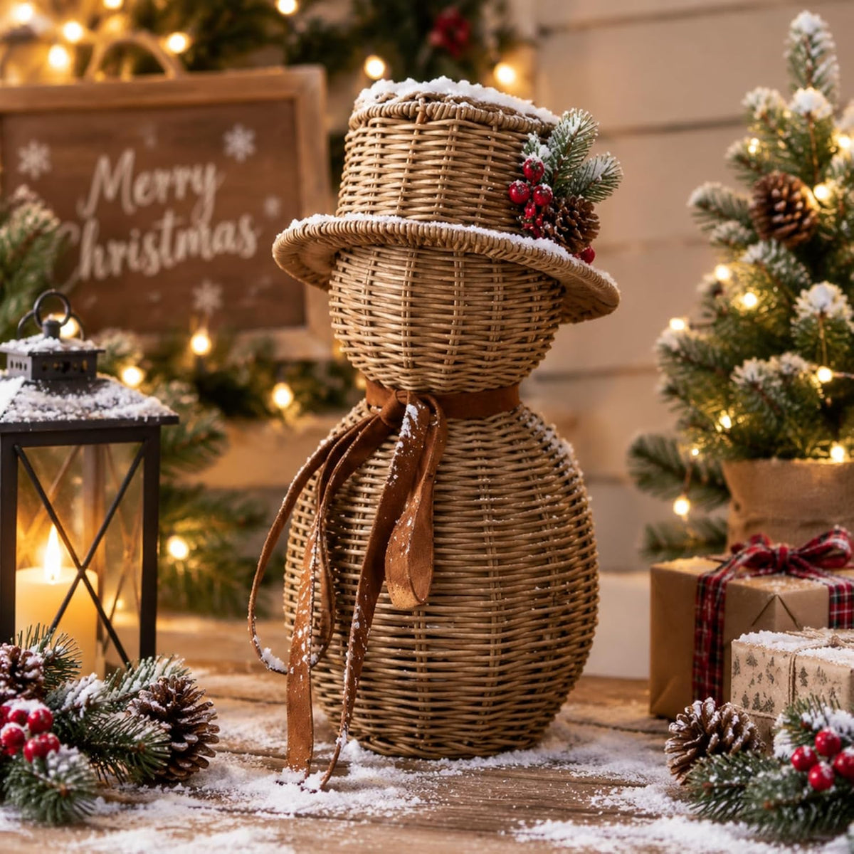 thiccywoov 12" rattan snowman with bow, christmas table, main product view