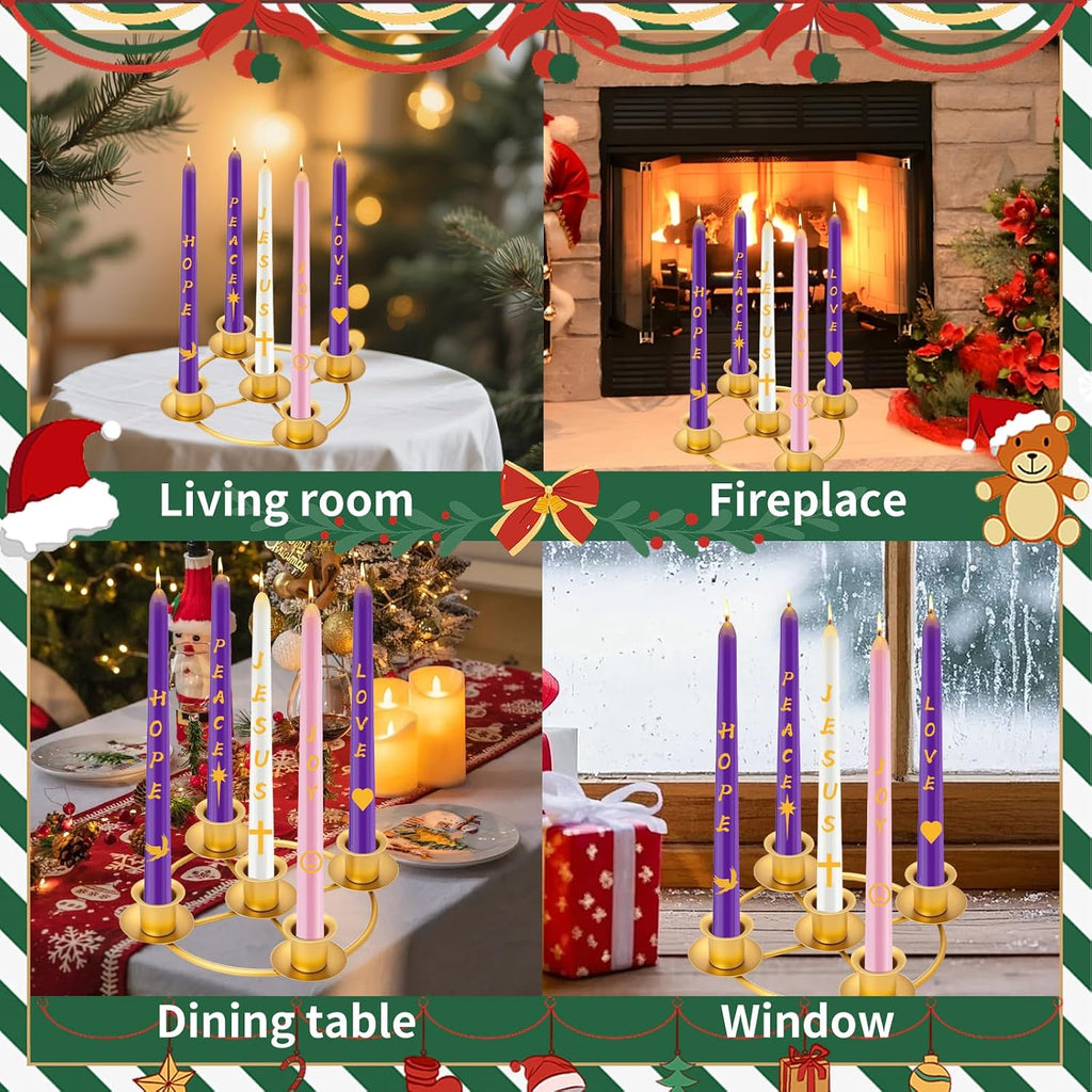 Advent Wreath Candle Holder Set with 5 Taper Candles, Gold Christmas Candle Ring Table Decoration for Advent Christmas Festival Home Church