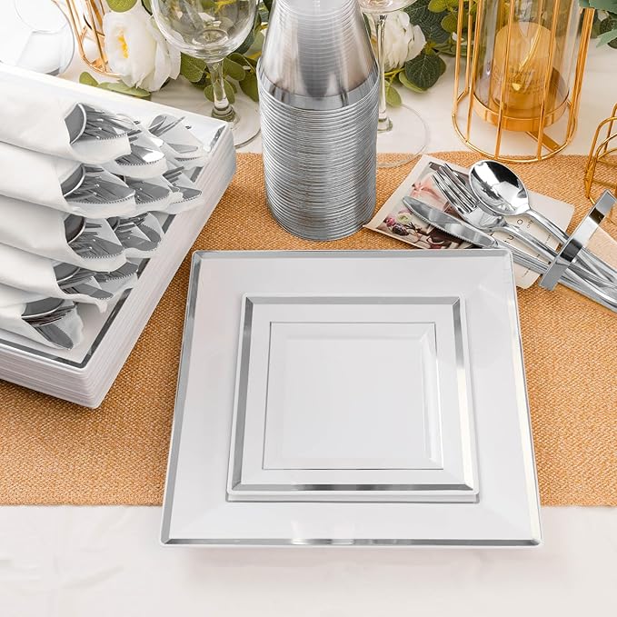 Goodluck 352 Piece Silver Dinnerware Set for 50 Guests, Square Plastic Plates with Silver Trim, Include: 100 Plastic Plates, 50 Rolled Napkins, 50 Cups, 50 Cutlery Set and 2 Tablecloth