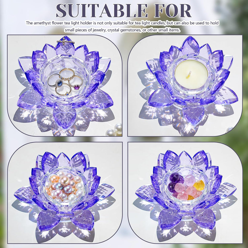 1 Pc Purple Crystal Lotus Flower Tealight Candle Holder | Glass Votive Candlestick Decor for Home, Wedding, Party & Christmas Table Centerpieces
