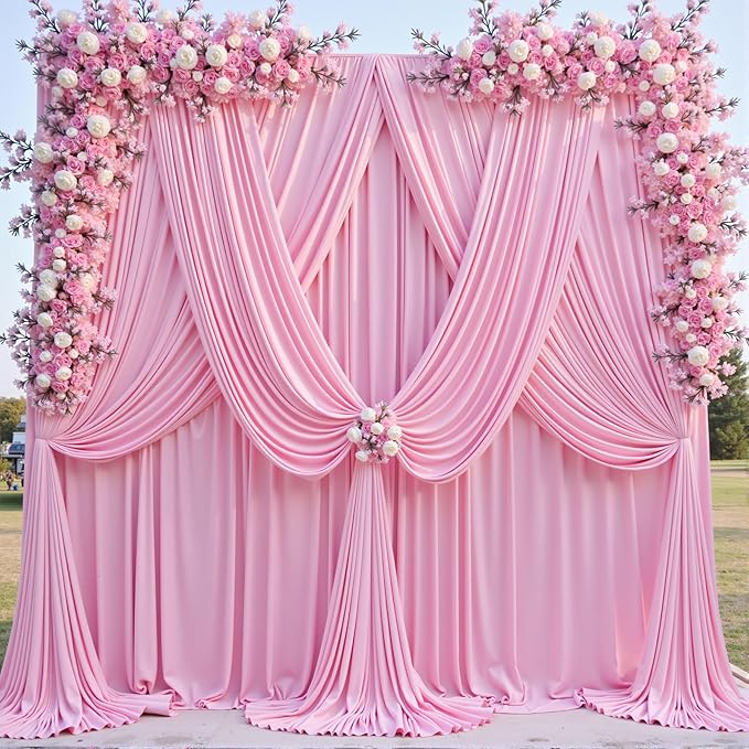 20ftx10ft Wrinkle Free Pink Backdrop Curtain for Parties, 4 Panels Silky Polyester Photo Backdrop Drapes Back Drop Cloth for Wedding Birthday Photography Background Baby Shower Decor