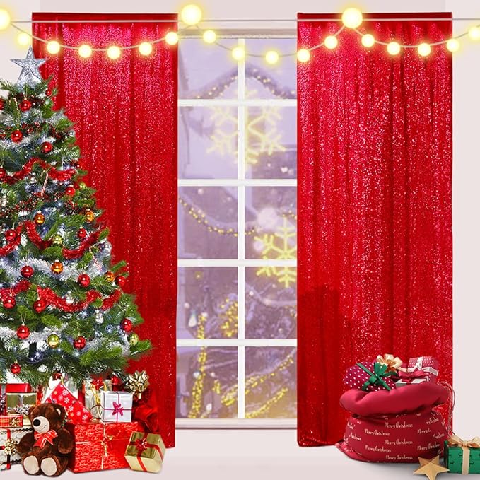 Red Sequin Backdrop Curtains,2ft x 8ft Sequin Photography Backdrop Curtain 2 Panels for Party Decoration, Red