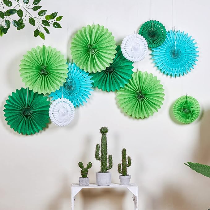 SUNBEAUTY Pack of 11 Green White Party Decoration Hanging Honeycomb Round Paper Fans Kit for Dinosaur Theme Birthday Baby Shower Summer Forest Carnival St.Patrick's Irish Backdrop Party Supplies