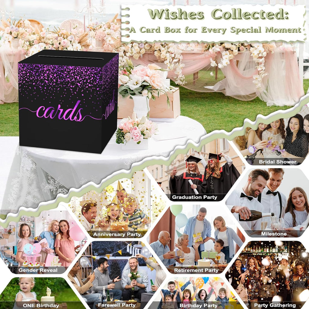 WNINK Black Purple Gold Cards Box for Birthday, Wedding, Bridal or Baby Shower, Graduation, Funeral, Anniversaries, Engagement Party Decorations Supplies Money and Cards Receiving Box