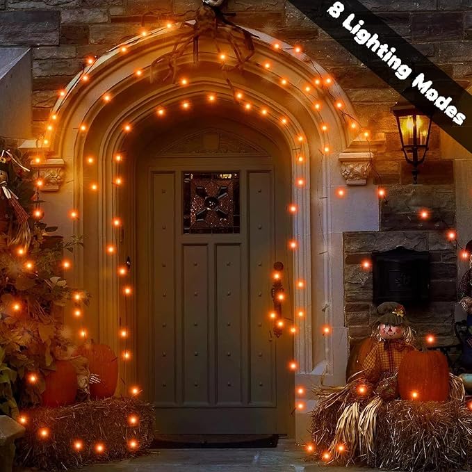 66Ft 200 LED Halloween Fairy Lights Plug in, 8 Modes String Lights with Timer for Outdoor & Indoor, Waterproof Twinkle Lights for Bedroom Garden Party Carnival Supplies Halloween Decorations (Orange)