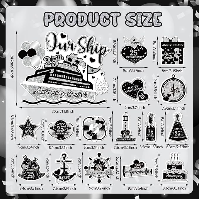 25th Anniversary Cruise Door Magnets Decorations, Black Silver Happy 25th Anniversary Cruise Ship Door Decor Magnetic for Married in 2000 Men Women Wedding Party Refrigerator Fridge Car Kitchen Garage