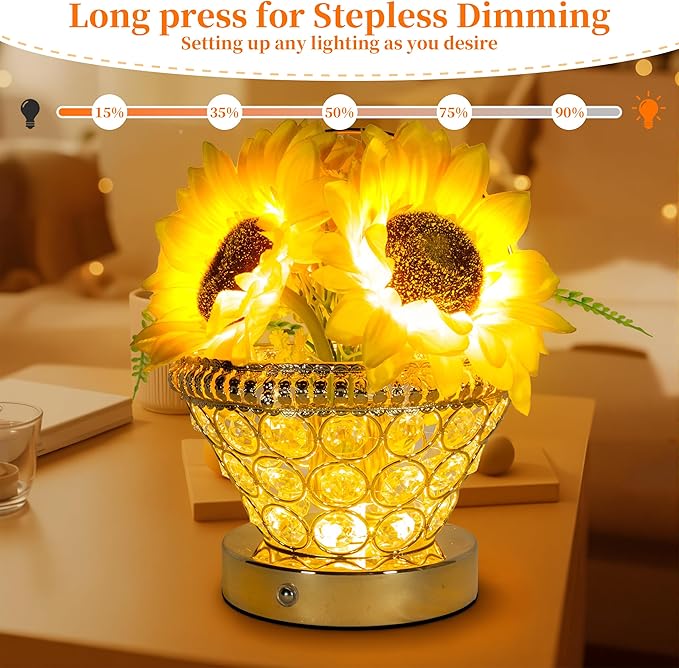 Birthday Gifts for Women, Gift Basket for Mom Sunflower Cordless Table Lamp,3 Color Crystal Lamps Touch Bedside Lamps Infinitely Dimming with USB Charge Small Night Light for Bedroom