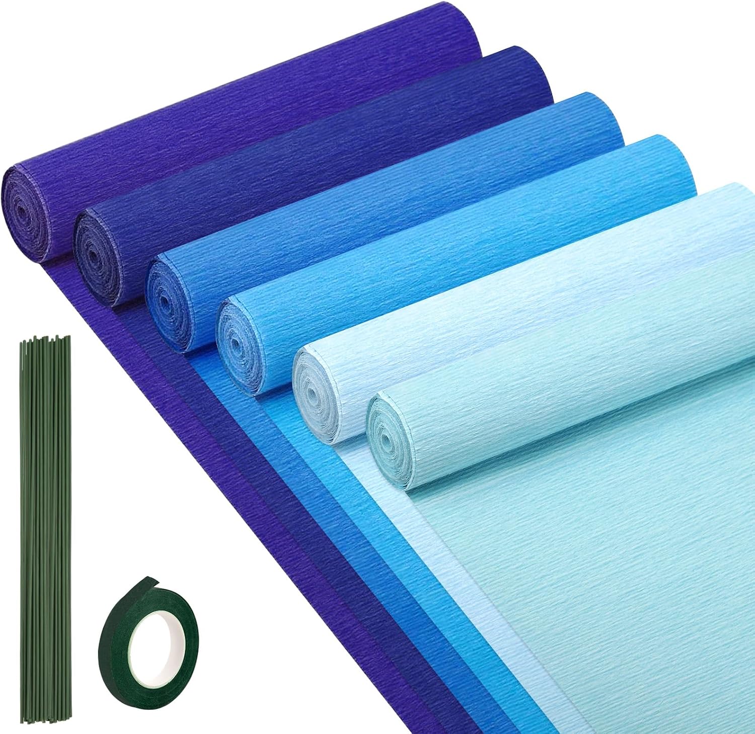 6 Rolls Crepe Paper Streamers, 10 Inch x 8 Feet (Blue) | Flower Making Kits With Floral Tape and Stem Wire for Birthday Party Wedding