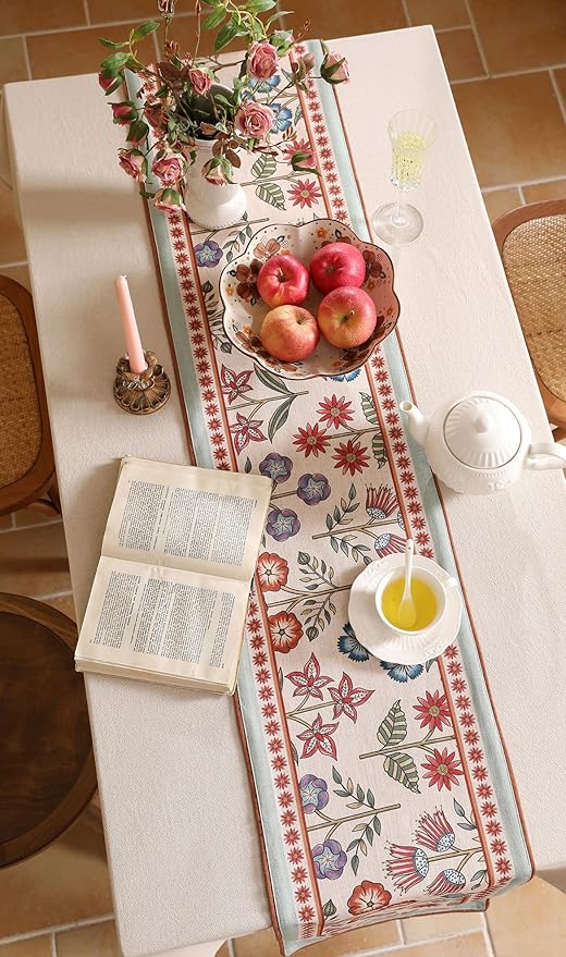Decorative Linen Small Table Runner 63 Inches Long,Green Floral Rustic Fall Runner for Table Decor Tabletop Table Runners for Kitchen,Dining,Party,Home,Christmas,12"*63"