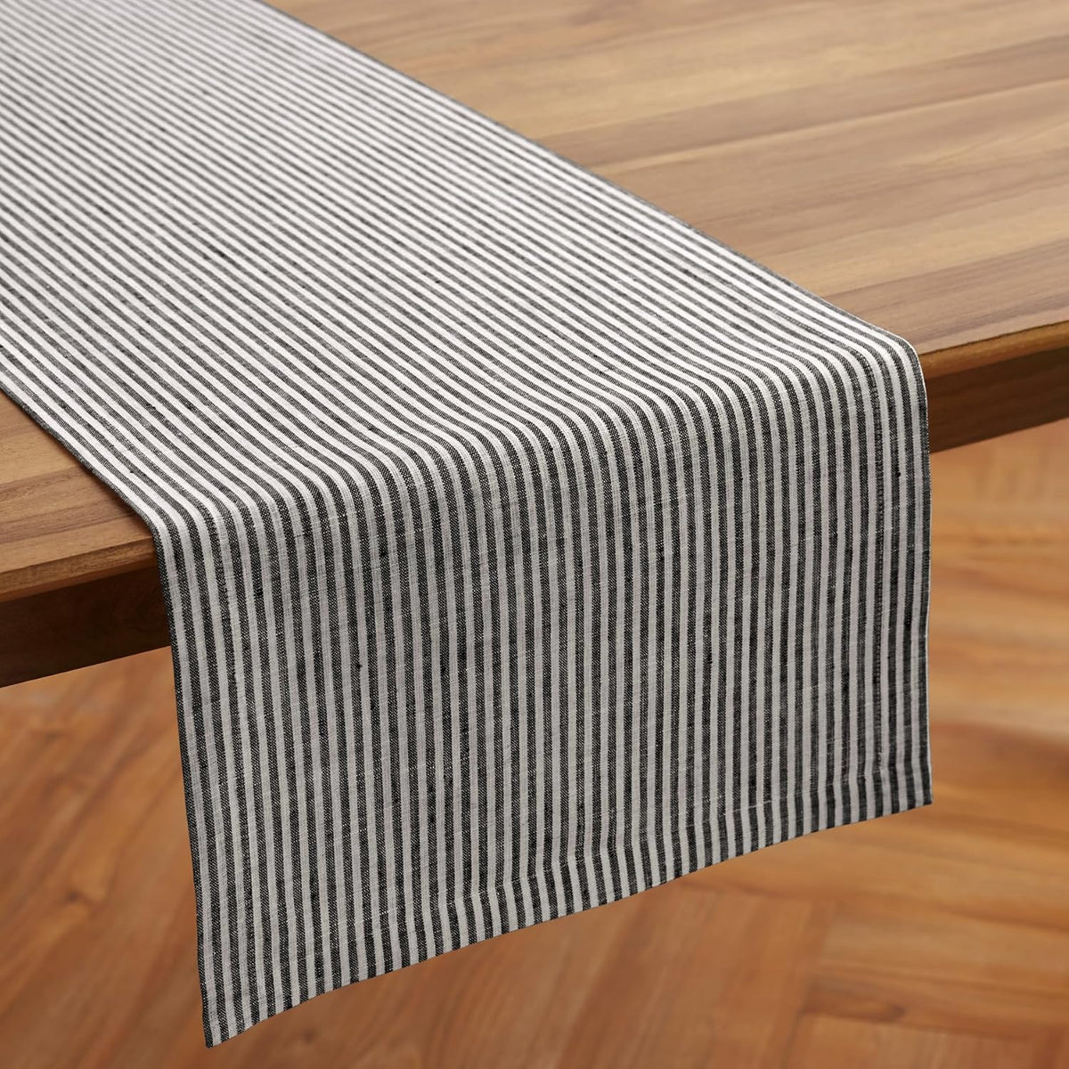 Solino Home 100% Pure Linen Table Runner, 14 x 108 in, Black, Narrow Stripe