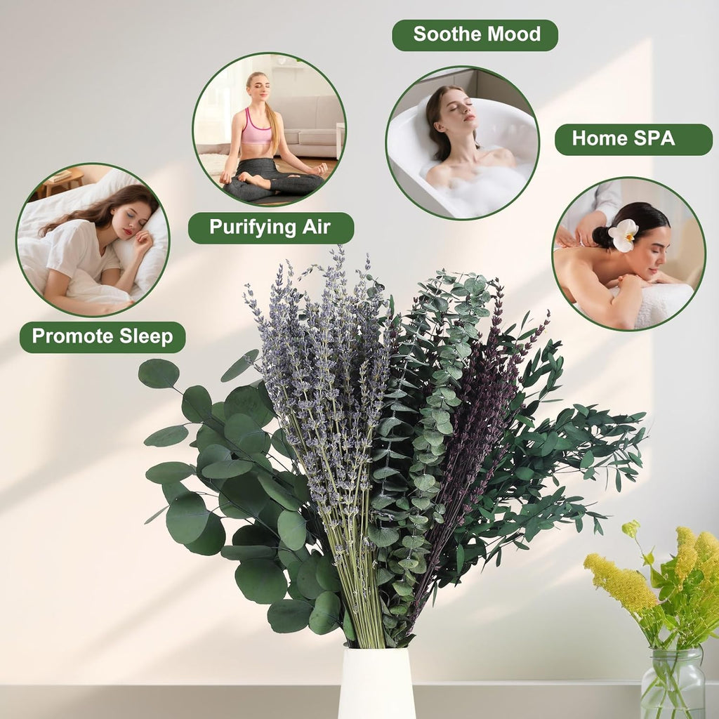 120+ Pcs Mixed Dried Eucalyptus & Lavender Flowers for Shower, Preserved Natural Eucalyptus Leaves for Wall Hanging, Plant Fragrance, Dried Florals for Vase Fillers, Wedding, Green Bathroom Decor
