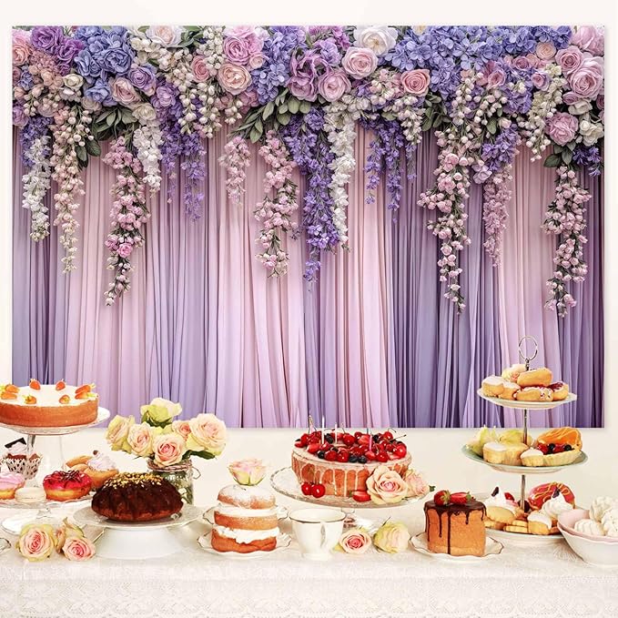 9x6ft Purple Flower Wedding Photography Backdrop Lavender Floral Wedding Bridal Photography Backdrop Anniversary Birthday Baby Shower Girl Party Banner Photo Booth Props Background Wall Decor