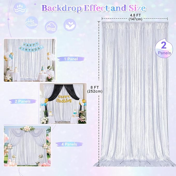 Silver Photo Backdrop 2 Panels 4.8x8FT Long Backdrop Drapes Curatin Glitter Sequin Background with Rod Pockets for Party Birthday Wedding Photography