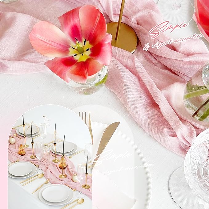 Aktor 12 Pack Pink Table Runner Boho Cheesecloth Table Runner Semi Sheer Gauze Fabric Runners for Wedding Birthday Baby Shower Party Boho Table Decoration（Pink）