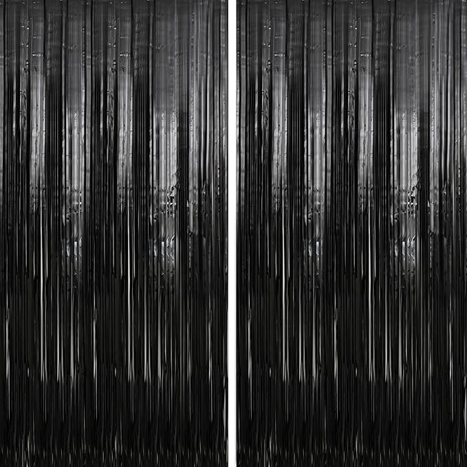 Crosize 2 Pack 3.3 x 9.9 ft Black Foil Fringe Backdrop Curtain, Streamer Backdrop Curtains, Streamers Birthday Party Decorations, Tinsel Curtain for Parties, Photo Booth Backdrops, Party Décor