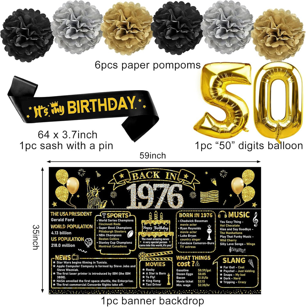 Zirtorei 50th Birthday Decorations for Men Women, 21pcs the Year 1976 Banner Balloon Party Supplies, Black Gold 50 Year Old Birthday Backdrop, 50 Bday Honeycomb Centerpiece Hanging Swirls Sash Gifts