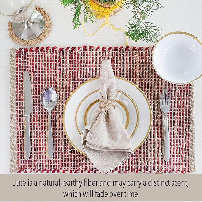 Chardin Home Natural Jute & Red Placemats, Set of 4 – Rustic Handmade Boho Table Mats, 13x19 Inch Dining Table Placemats for Kitchen, Everyday Meals, Holidays, Farmhouse or Modern Table Décor