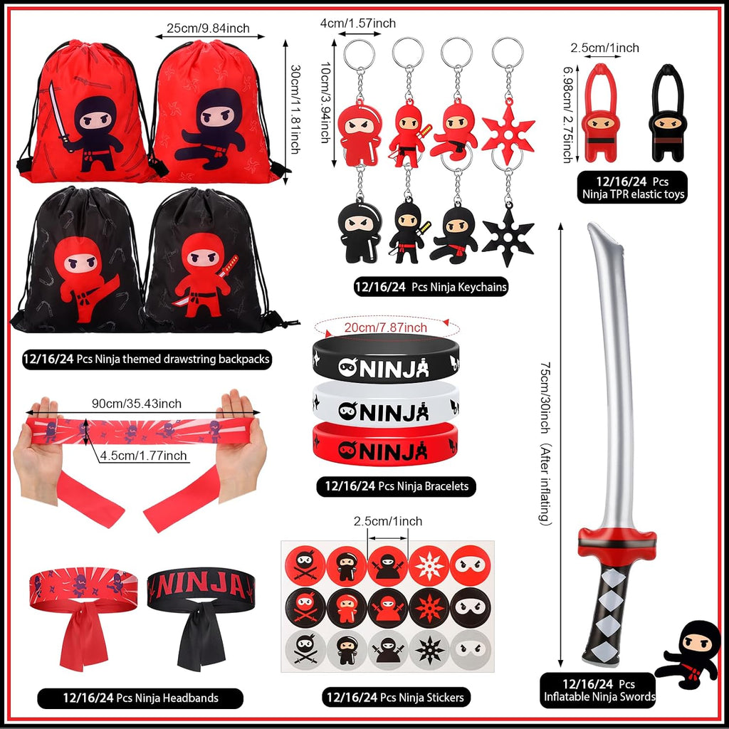 Tondiamo 168 Pcs Ninja and Pirate Party Favors with Drawstring Backpack Headband Inflatable Sword Bracelet Sticker Keychain Stretch Ninja or Pirate Eye Mask For Karate Birthday (Ninja Style)