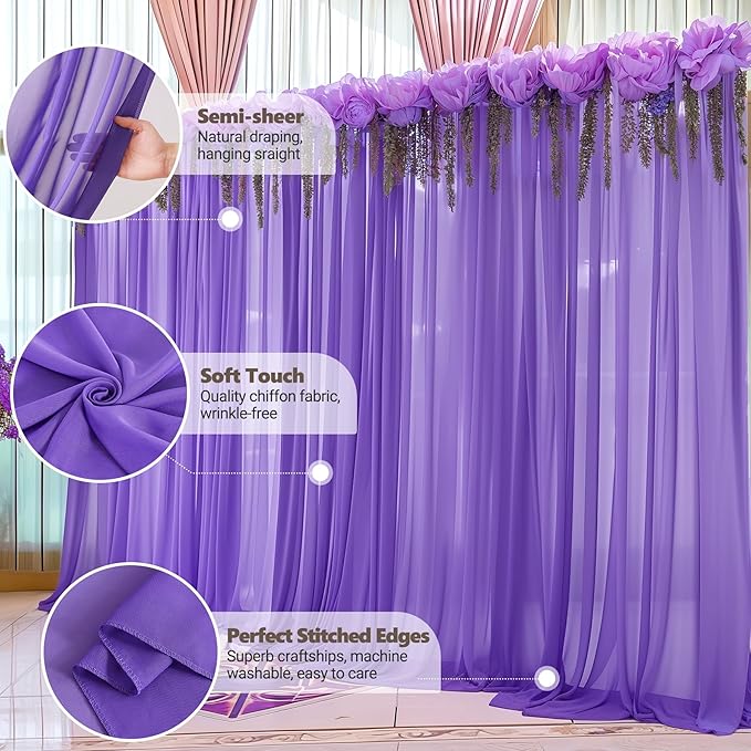 10ft x 10ft Purple Backdrop Curtains, Wrinkle-Free Sheer Chiffon Fabric Photo Backdrop Drapes for Wedding Arch Party Ceremony Stage Photography Decorations