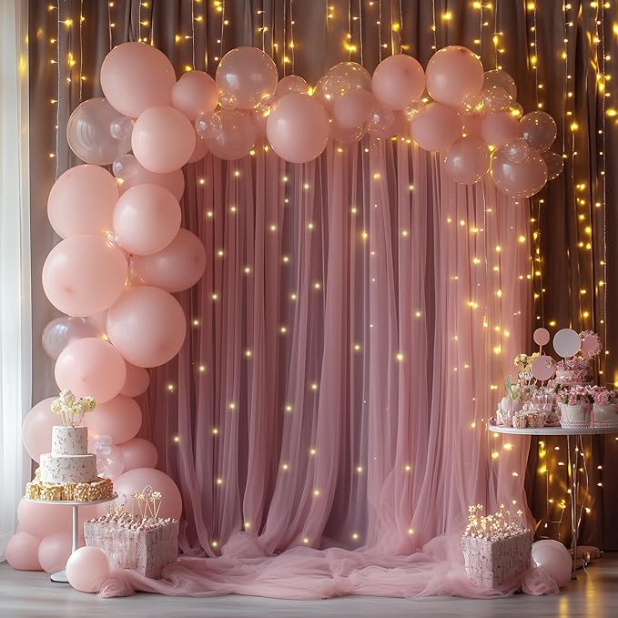 Fomcet Dusty Rose Tulle Backdrop Curtains with Lights String 10FT X 8FT Sheer Curtain with Lights Tulle Curtains Backdrop for Wedding Birthday Party Photo Shoot (2 Panels 5x8FT)