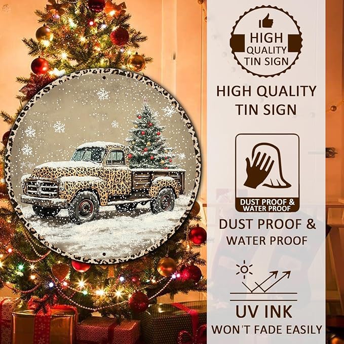 Round Leopard Truck Metal Tin Sign Rustic Wall Decor Christmas Wreath Sign Christmas Wreath Door Hanging Wall Decoration Bar Home Round 12 * 12 in