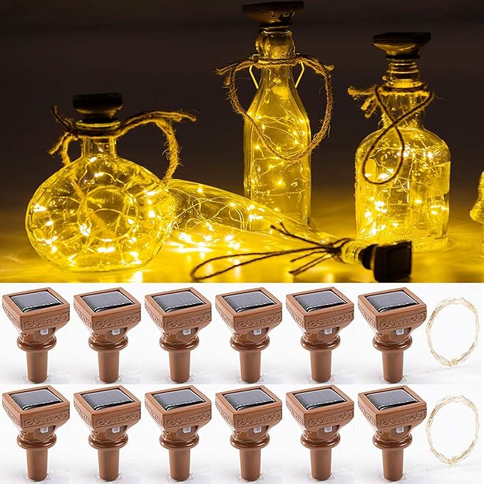 YJFWAL Upgraded 12 Pack Solar Wine Bottle Lights, 20 LEDs Waterproof Copper Light, Bottle Light Fairy Cork String Lights for Yard Patio Decor, DIY Birthday Gift for Mom Grandma Girlfriend(Warm White)