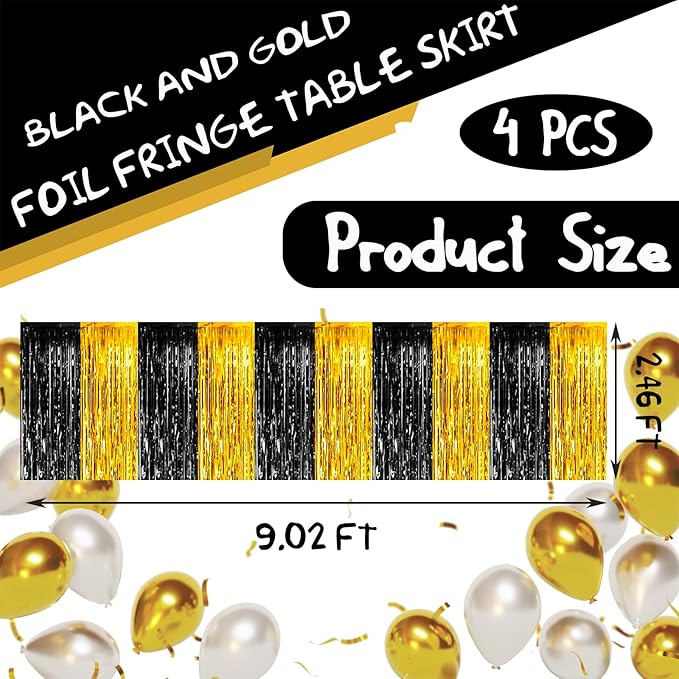 4 Pack 29x108 Inch Metallic Foil Fringe Tinsel Table Skirts for Rectangle Tables Streamer Backdrop for Wedding, Birthday, Parade Floats, Christmas, Halloween Party Decoration(Black Gold)