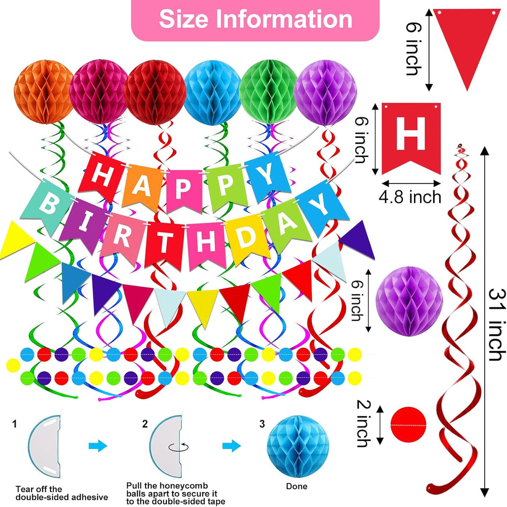 Fecedy Happy Birthday Banner With Colorful Paper Flag Bunting Paper Circle Confetti Garland Swirl Streamers Honeycomb ball for Birthday Party Decorations