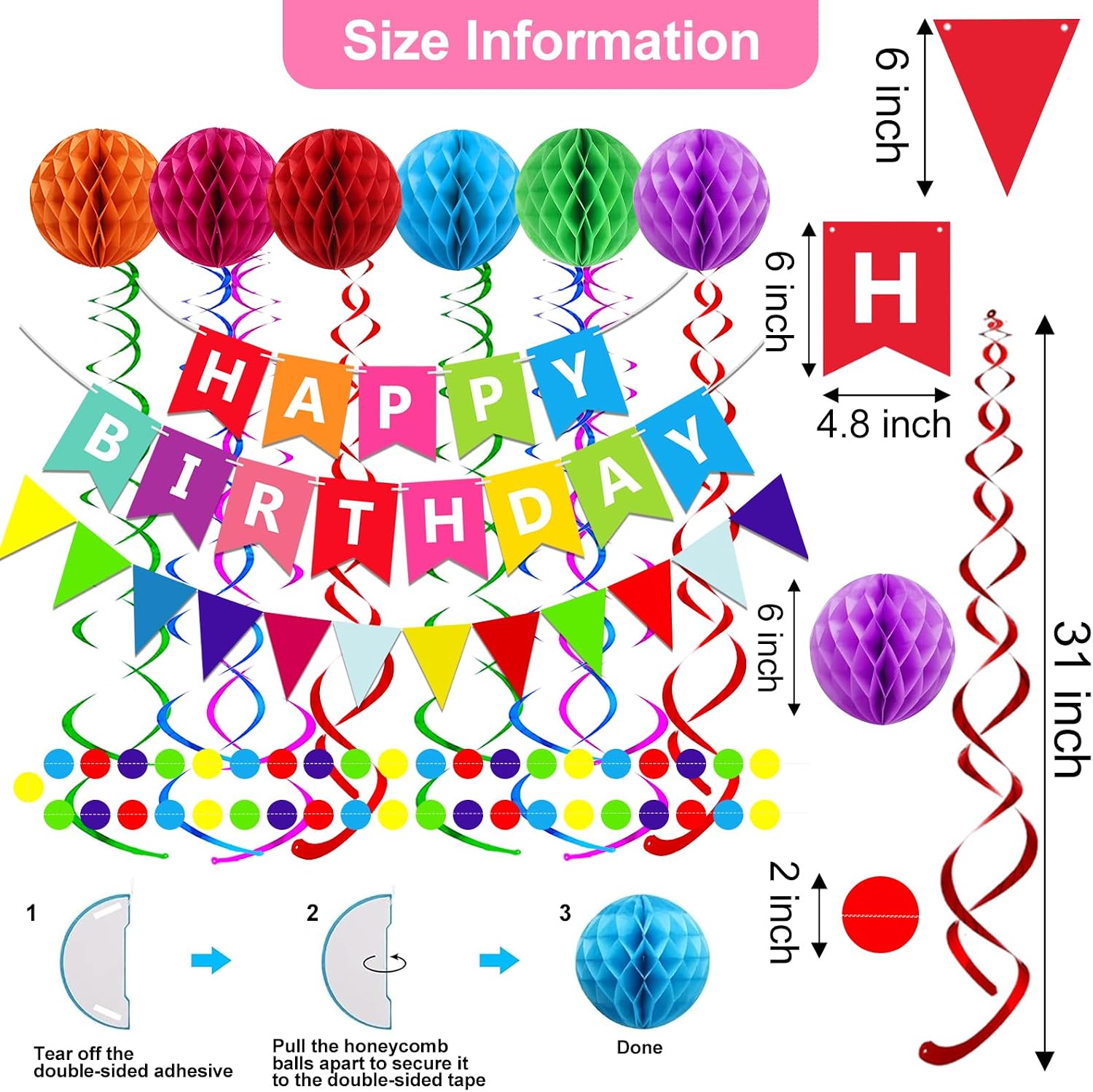 Fecedy Happy Birthday Banner With Colorful Paper Flag Bunting Paper Circle Confetti Garland Swirl Streamers Honeycomb ball for Birthday Party Decorations