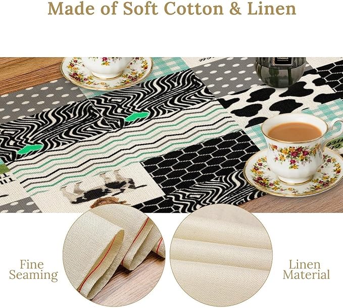 Cute Cow Print Table Runner,Farm Animals Honeycomb Plaid Stripes Cowhide Pattern Tablecloth Burlap for Hotel Indoors Outdoor Dining Room Kitchen Table Decor, 13x60in