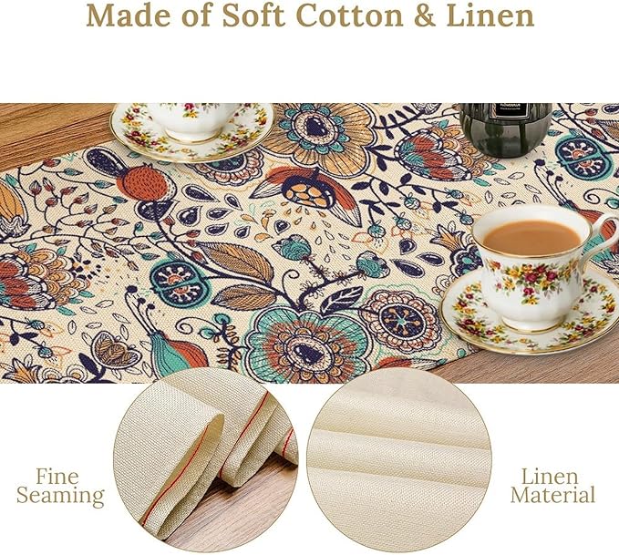 Boho Floral Table Runner,Vintage Flowers Tropical Plants Country Style Table Cloth Kitchen Dining Table Home Party Decoration 13x120 Inch