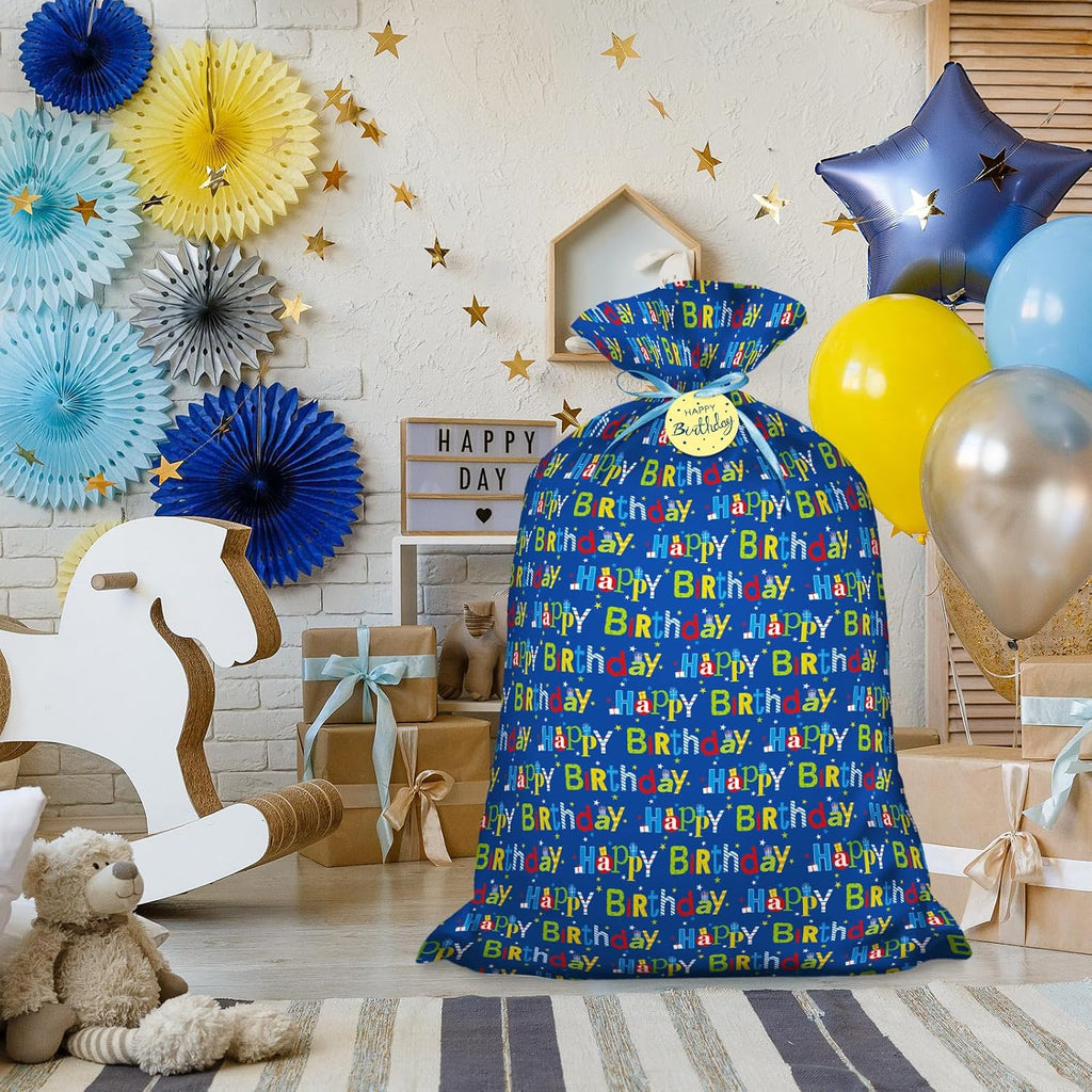 Laidans 56" Extra Large Blue Plastic Gift Bag, Jumbo Happy Birthday Gift Bag with Tag and Tie for Boy Kids Birthdays Parties or Holiday