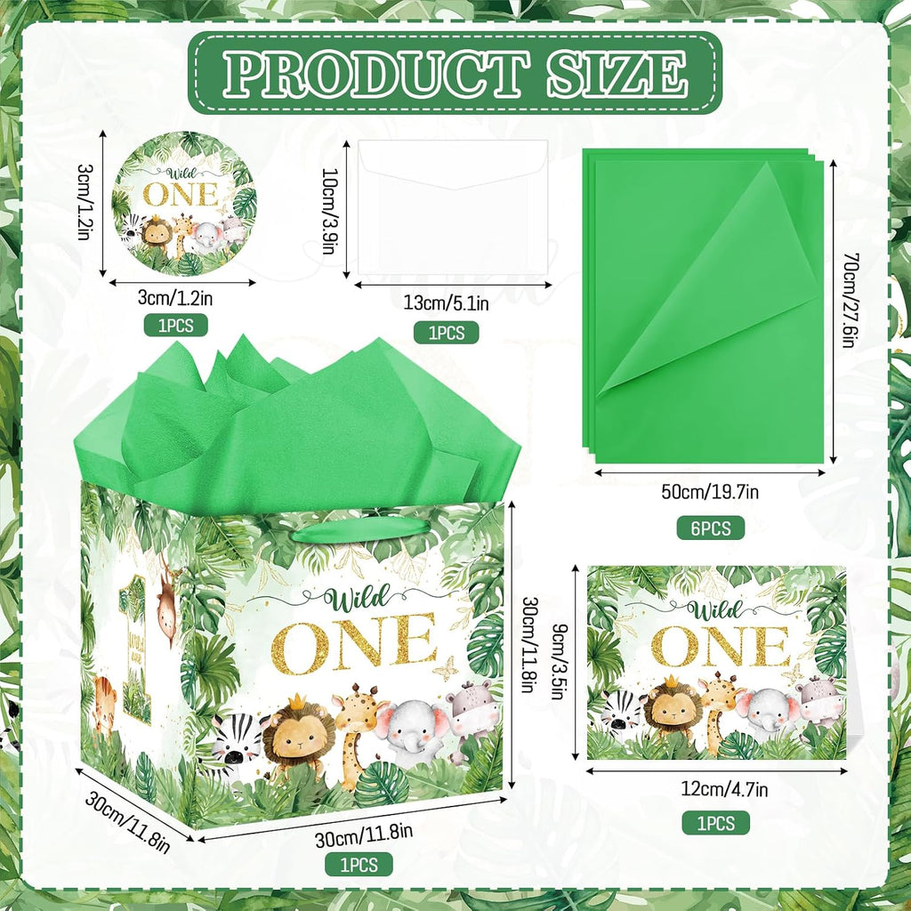 Extra Large Wild One Gift Bag Square Jumbo Wild Animal 1st Birthday Bag for Baby Boys with Wrapping Paper Card Sticker Envelope Jungle First Birthday Safari One Year Old Party Favors Decorations