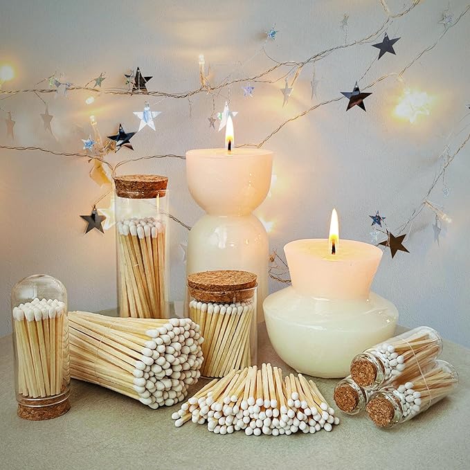 Thankful Greetings 2" Matches in 3 Glass Bottles Cork Top, Striker Stickers Included | 60 Matchsticks Color of Your Choice | Decorative Safety Matches w/Small Glass Holder | Gifts & Home Decor