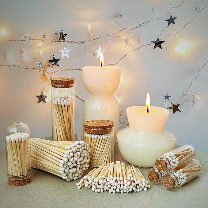 2" Matches in 6 Glass Bottles Cork Top, Striker Stickers Included | 120 Matchsticks Color of Your Choice | Decorative Safety Matches w/Small Glass Holder | Gifts & Home Decor by Thankful Greetings