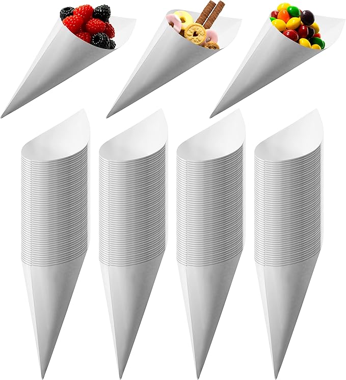 MONTX® 200-Pack Disposable Food Cones | 7" or 6" | White Food-Safe Paper Charcuterie Cones for Appetizers, Popcorn, Snacks, Confetti | Eco-Friendly Alternative to Wood Cones (7 Inch)