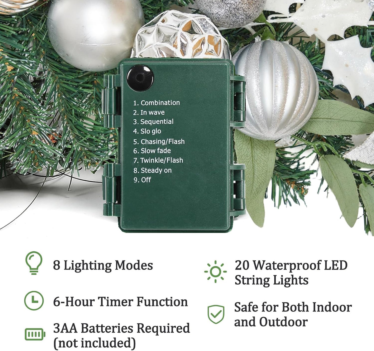 6ft lighted christmas garland, battery operated christmas garland, close-up detail
