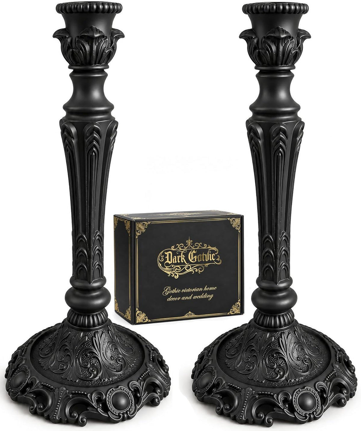Gothic Victorian Candlesticks Set of 2, Black Metal Taper Candle Holders
